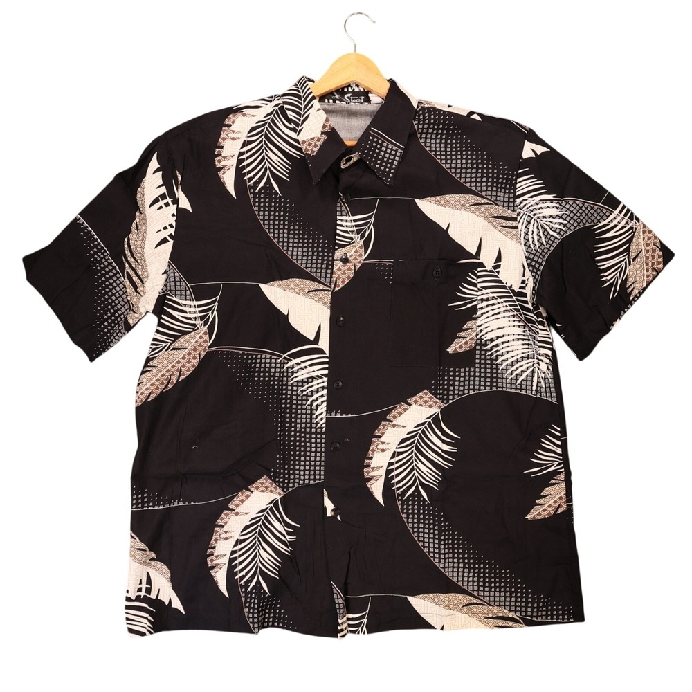 Alan Stuart Button Up Shirt Mens XL Black Vintage Tropical Palm Leaf Print